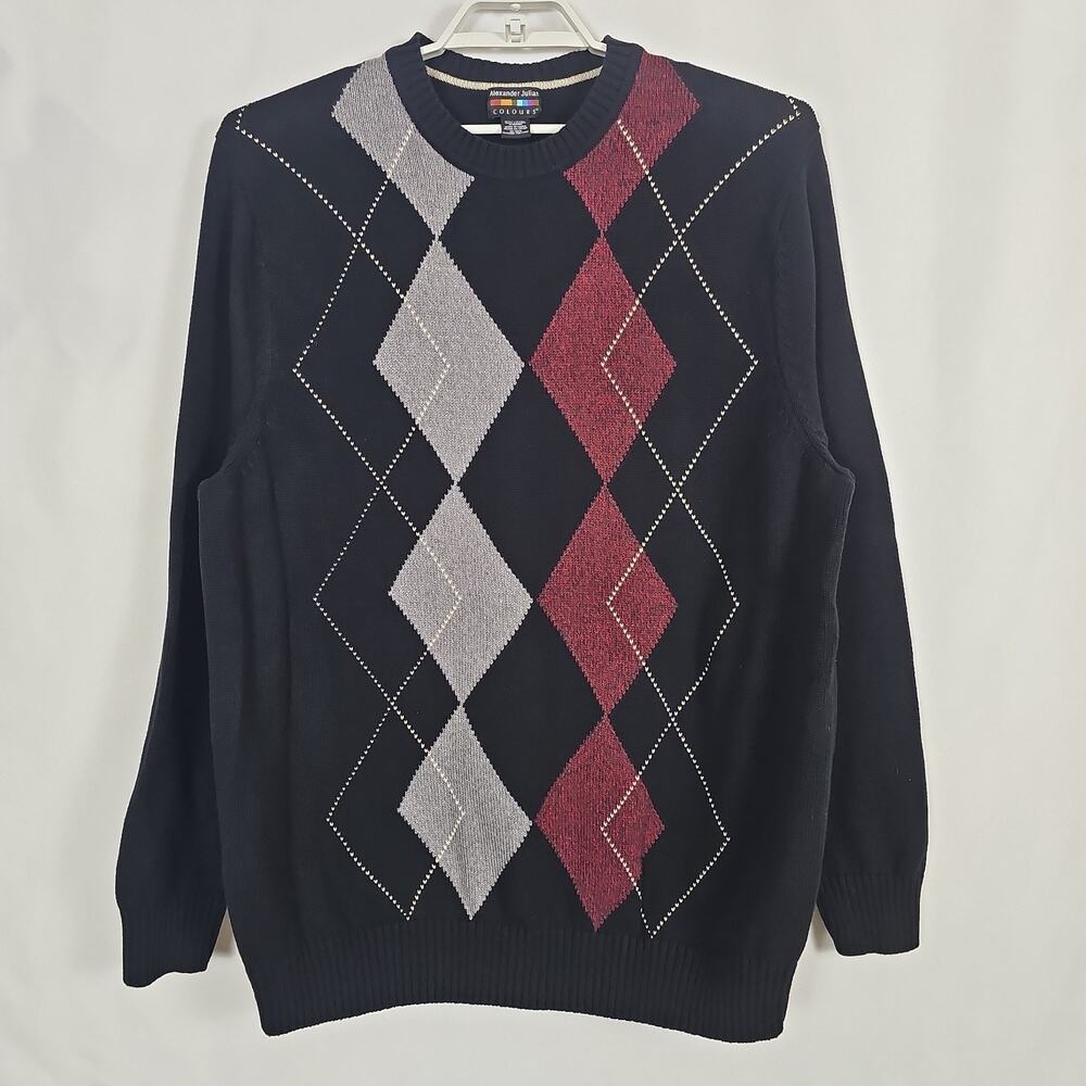 Vintage Alexander Julian Colours Argyle Sweater Black Grey Maroon